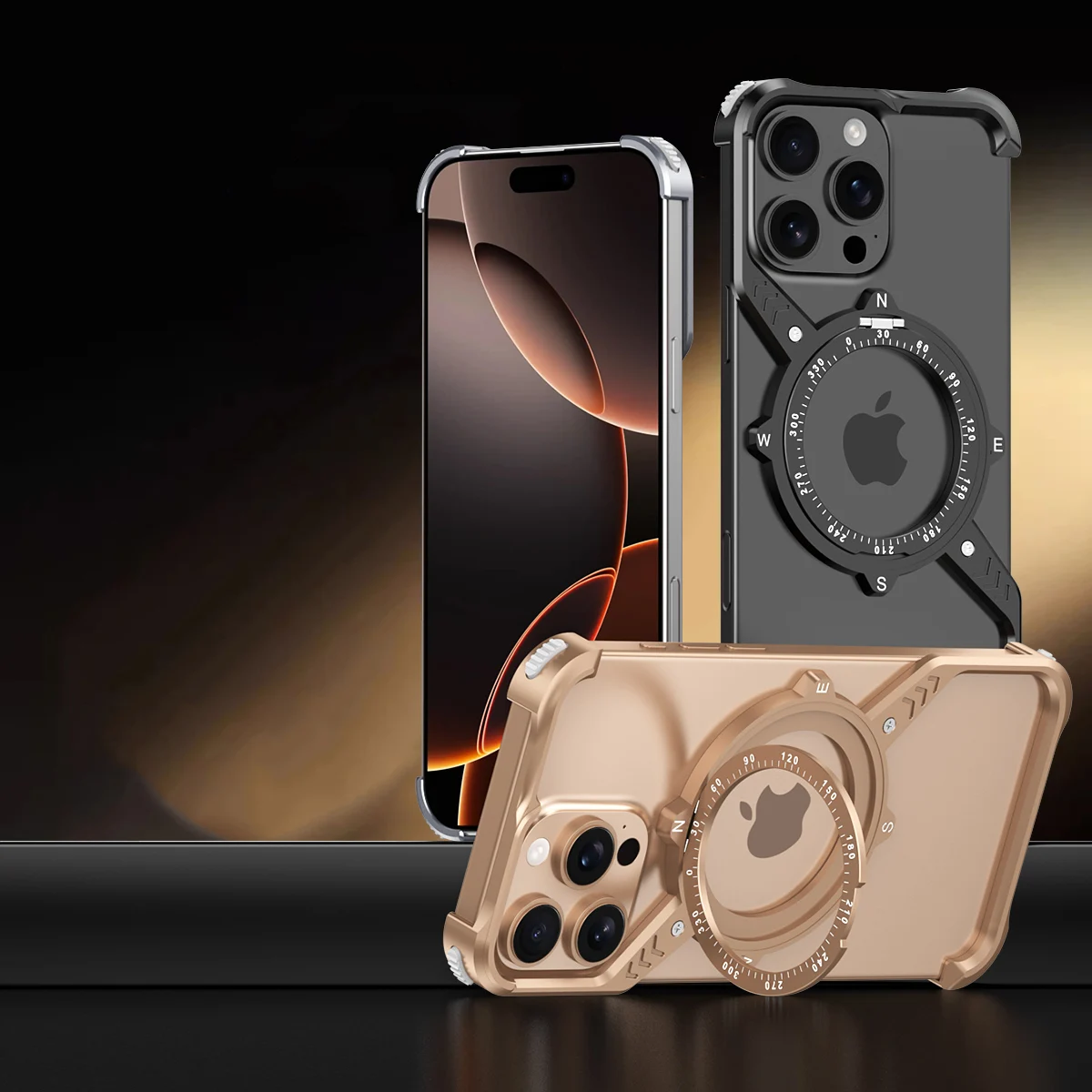 

S Shape Frameless Phone Case for iPhone 16E 16 Pro Max 15 14 13 Plus Magsafe Metal Cover Magnetic 360° Rotation Ring Stands