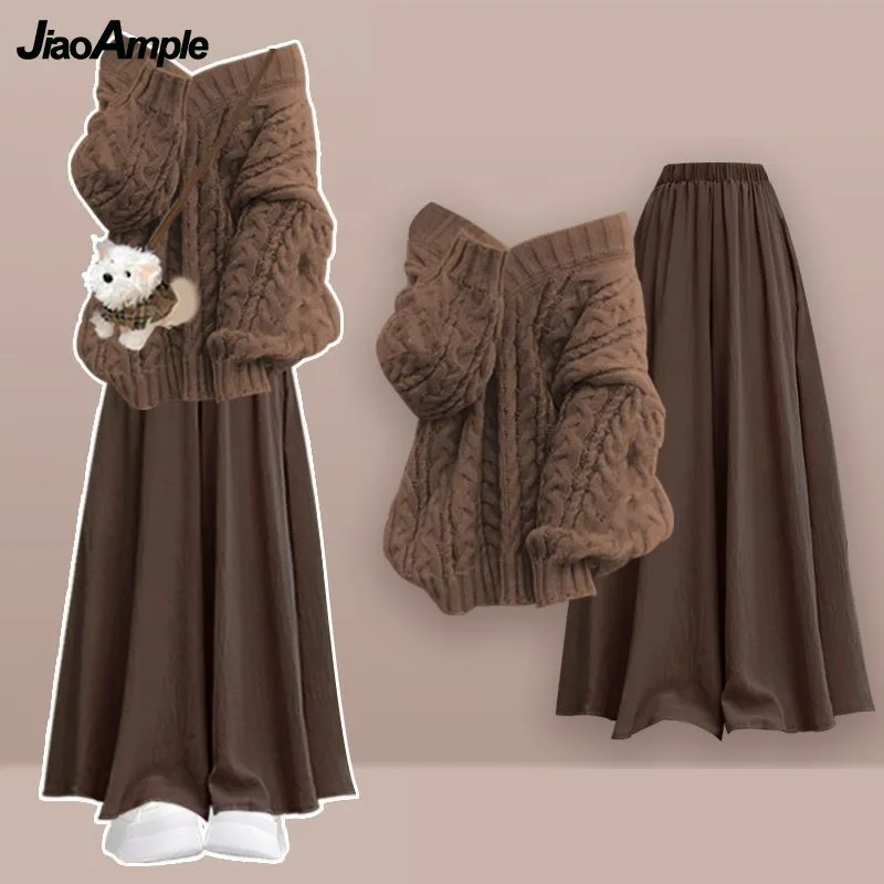 

Women's 2025 Winter New Korean Elegant Knit Weater+Loose Skirt Pants Two-piece Suit Female Chic Pullover Trousers Matching Set