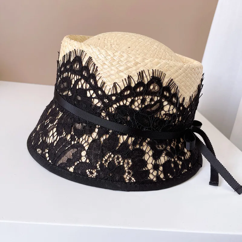 Japanese premium papyrus hat French elegant girl style lace hand-woven concave top fisherman\'s hat photography fashion