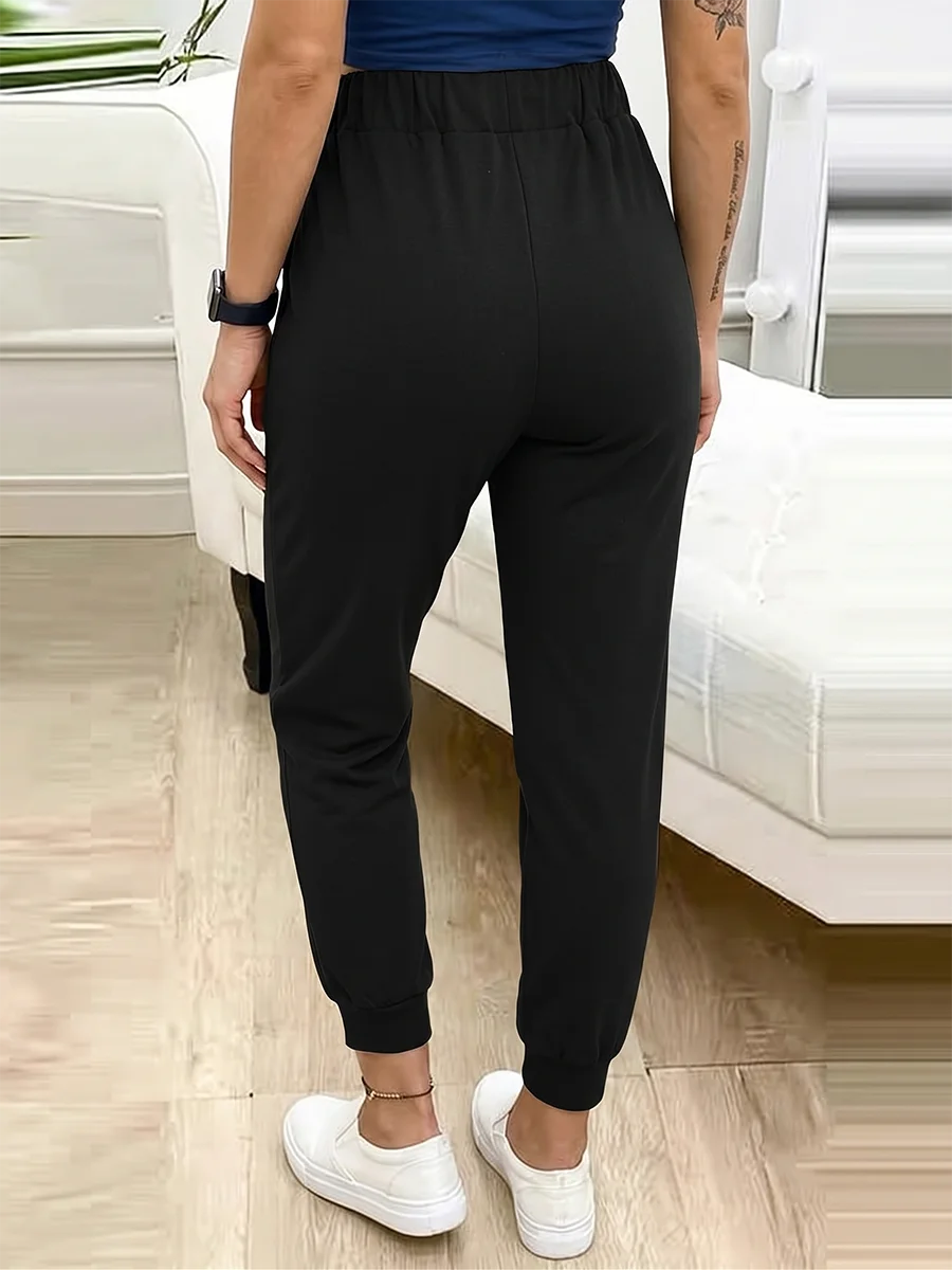 Damen Lässige Weite Haremshose Einfarbig Elastische Taille Kordelzug Hose Mit Taschen Basic Tägliche Streetwear Hose Damen – Detail 2