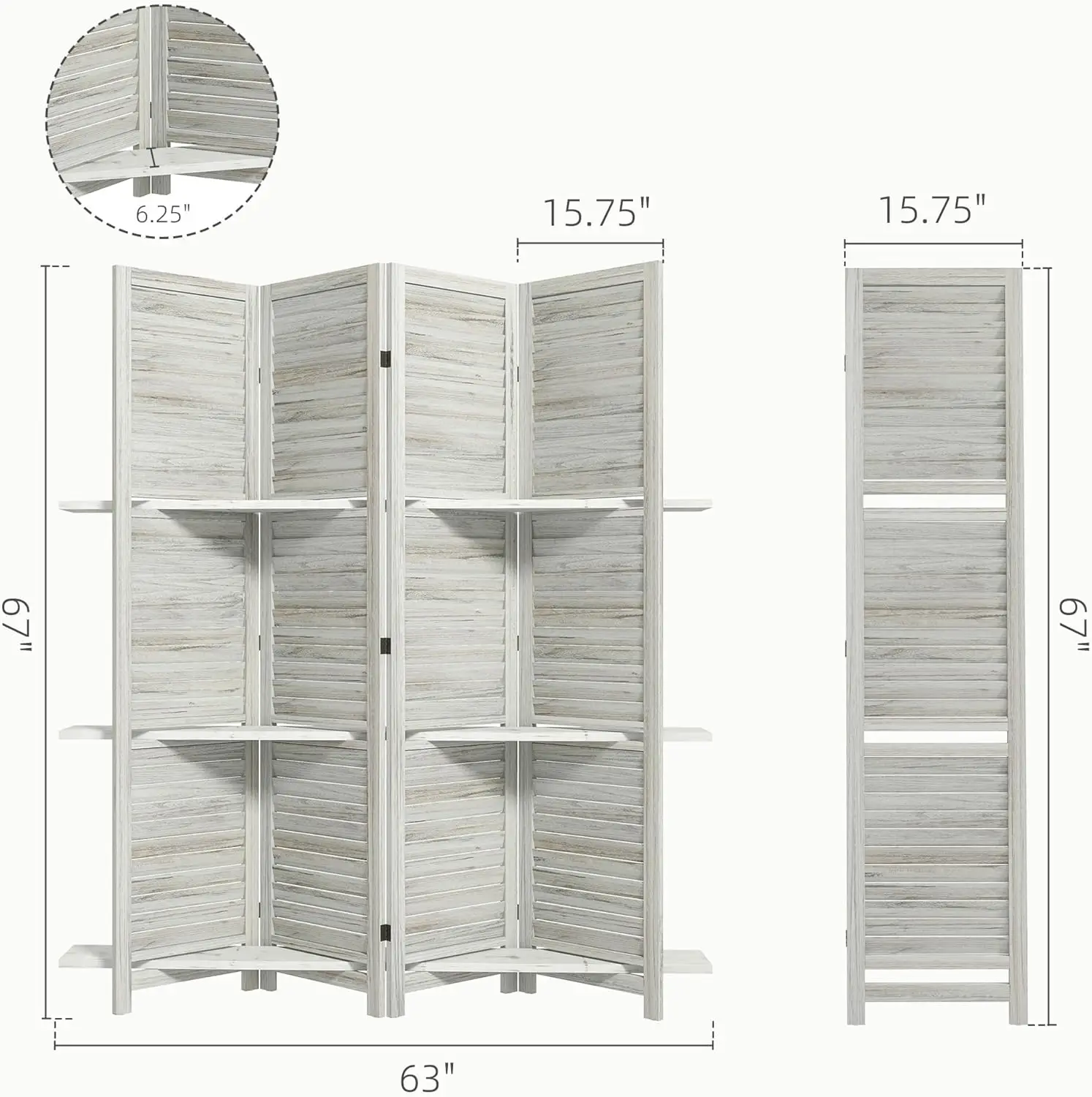 Separador de ambientes de madera, pantalla de privacidad con 3 estantes de exhibición y almacenamiento plegable para dormitorio o oficina en casa, blanco desgastado