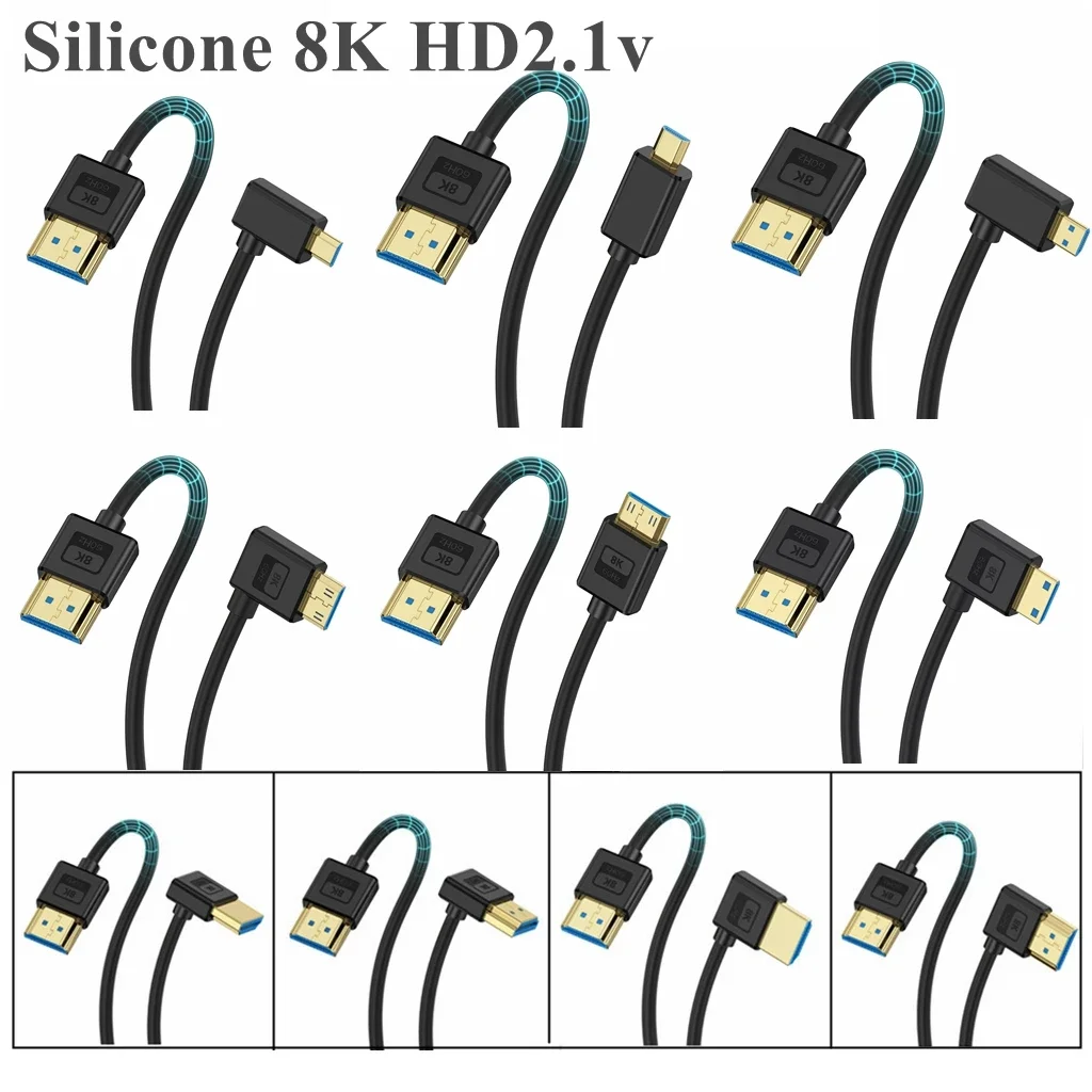 Silicone 8K HDMI Micro Mini To HDMI 2.1 Cable Ultra High Speed HDMI Cord 48Gbps Support 8K@60Hz 4K@120Hz EARC HDR10 HDCP 2.2 2.3