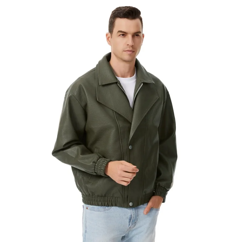 New Men Fashion Casual Lapel Leather Jacket Outdoors Loose Simplicity Comfort Coat Spring Autumn Windproof Solid Versatile Tops
