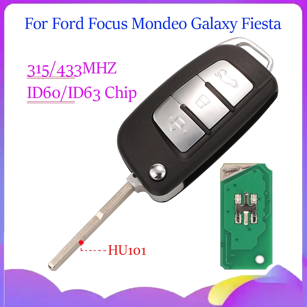 jingyuqin New Modified Remote Car Key For Ford Focus Mondeo Galaxy Fiesta C Max S Max 315/433MHZ ID60/ID63 Chip 3BTNS HU101/FO21