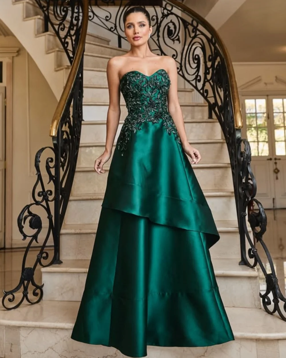 

Customized Elegant Modern Style Charmeuse Beading Pleat A-line Strapless Long Dresses Evening Dresses Sizes Available Intricate