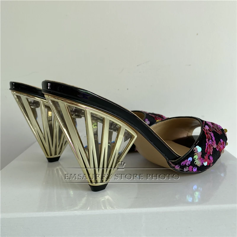 New 2024 Spring Bling Sequins Sandals Women Individual Metal Spike Heel Clear Crystal Transparent High Heel Mules Lady