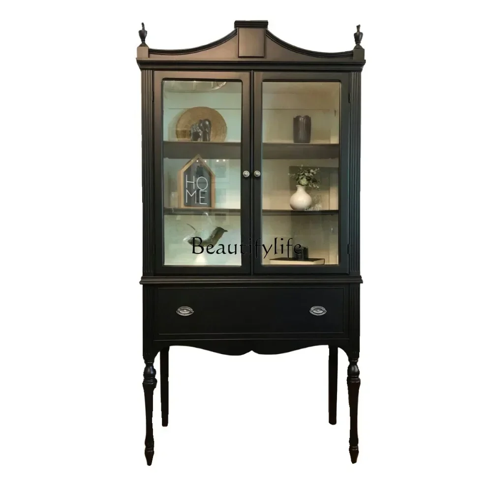 

American Country Solid Wood Wine Cabinet European Retro Double Door Glass Door Curio Cabinet