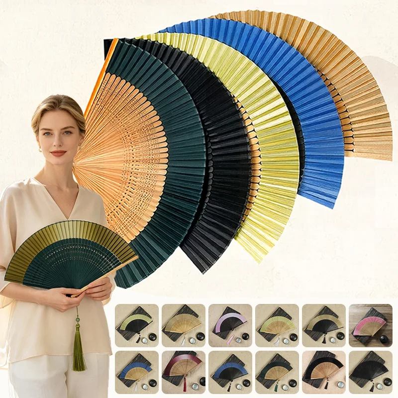 Abanico plegable de bambú vintage con mango tallado, abanico de seda antiguo, abanico chino con borla, adorno de baile portátil para mujeres y damas.
