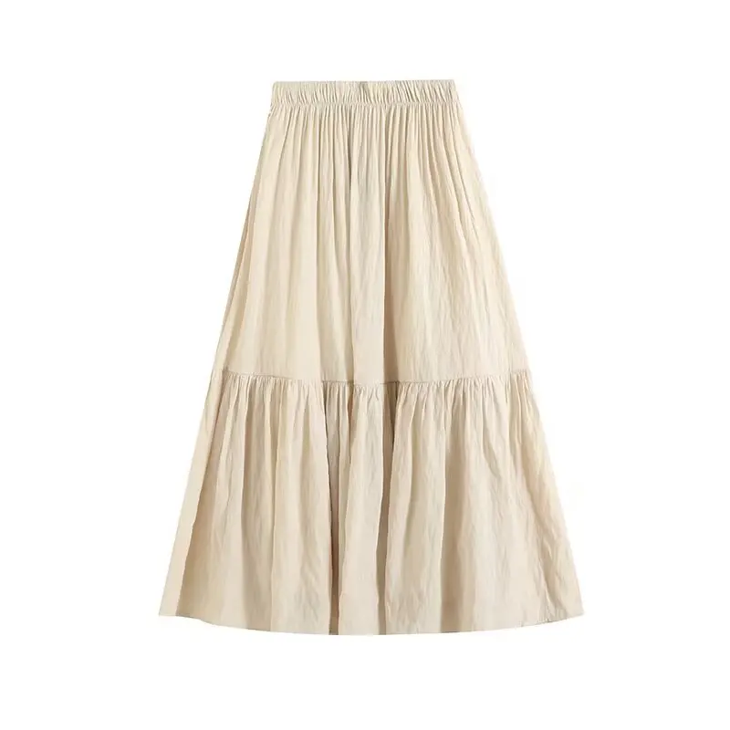 Women's 2024 New Fashion Temperament Joker Pleated Design Long Skirt Retro High Elastic Waist Lining Skirt.