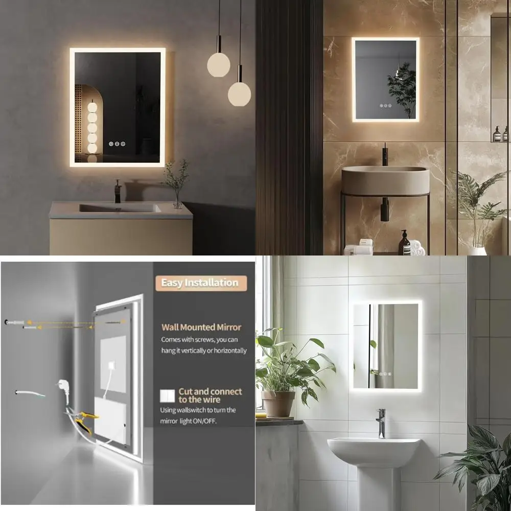 

Настенное зеркало для макияжа со светодиодной подсветкой и регулируемой яркостью, 3 цвета, с защитой от запотевания и яркой подсветкой, 20x16 дюймов.