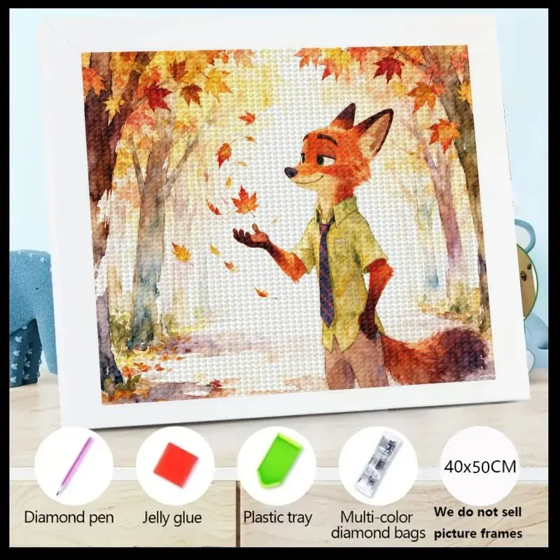 

1PC Cute Cartoon Zootopia Nick Wilde Fox Diamond Painting Kit, 5D Full Drill Autumn Fall Leaves Animal Art, DIY Rhinestone Cryst