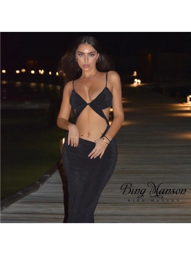 

2023 Women's Spring Strap Fashion Sexy Open Back Black V-neck Slim Fit Long Dress Street Dress Women's Bodycon Dress Y2k