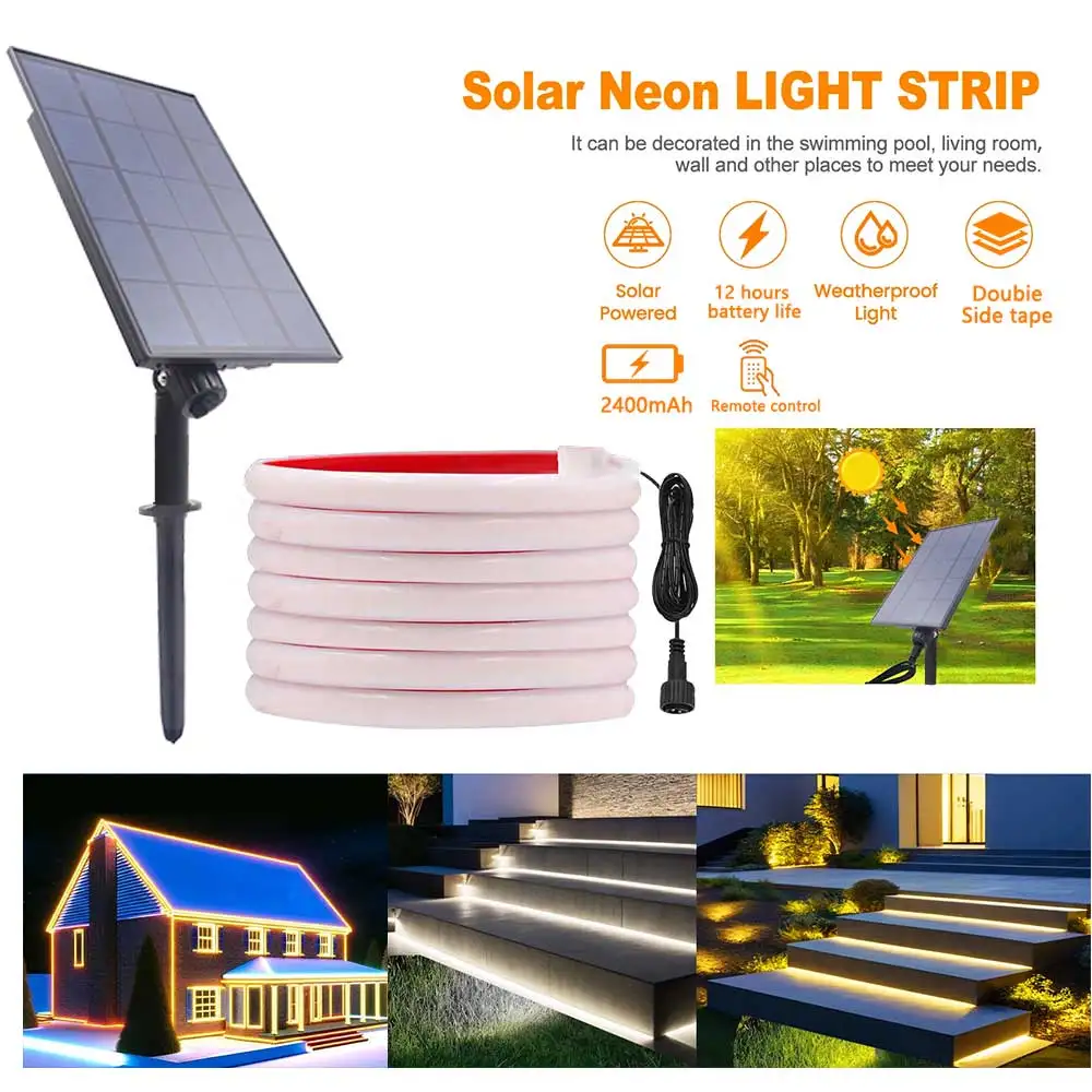 2400mAh COB Solar Neon Light Strips DC 24V Flexible Lights Waterproof IP67 Warm White LED Strip For Garden Outdoor Decoration