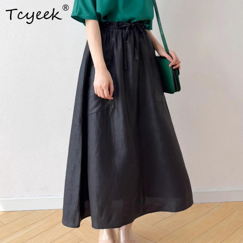 Tcyeek 100% Real Silk Long Skirts for Women 2026 Spring and Summer Black Vintage Cargo Skirt Ladies Clothing Faldones Para Mujer