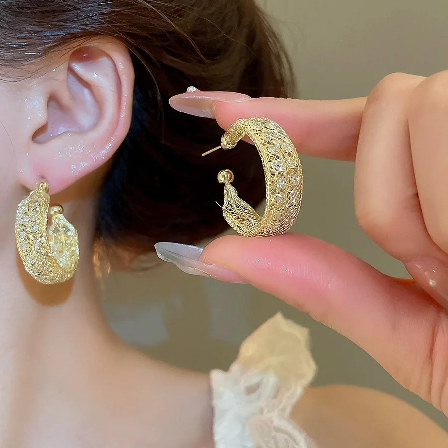 

Fashionable light luxury inlaid rhinestone mesh C-shaped earrings S925 silver needle retro women's earrings party jewelry gift