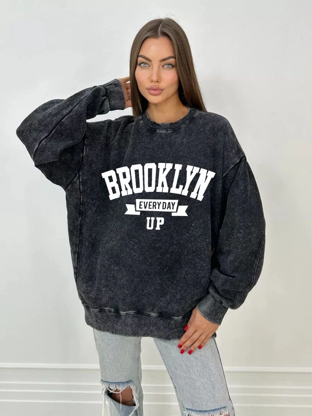 Fashion Woman Washed Sweatshirt Brooklyn Every Day Up Printed Pullover Oversize Cotton Pocket Hoodie Female Acid Wash Clothes