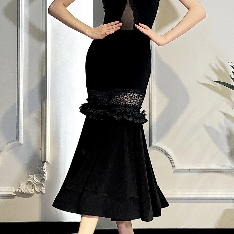 

Длинная юбка для бальных танцев с запахом на бедрах, сексуальная черная кружевная юбка из рыбьей кости, одежда для вальса, одежда для клубного танго, одежда для выступлений