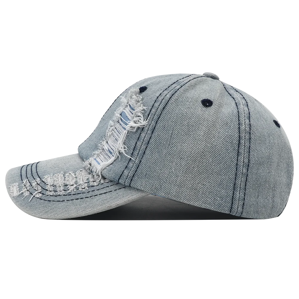 2024 New Solid Color Ripped Baseball Cap Washed Denim Snapabck Hat Hip Hop Breathable Streetwear Distressed Hats for Women Men