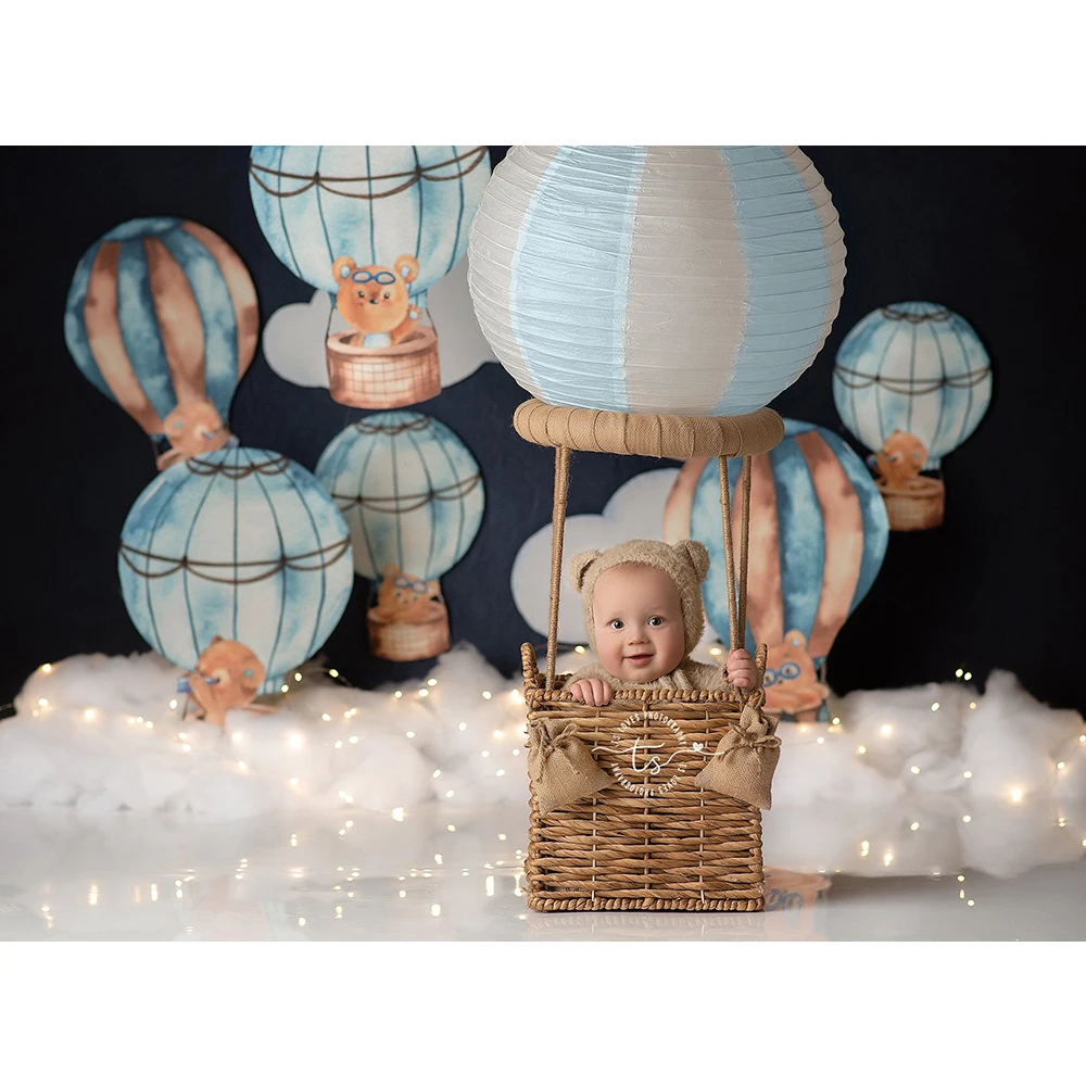 Twilight Balloon Ride Photo Background Adventure Blue Hot Air Balloon Photography Backdrop Birthday Cake Smash Photo Studio Prop