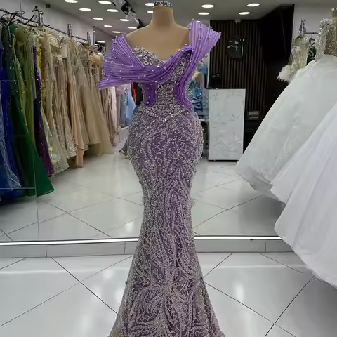 Beaded Mermaid Dress Purple Pleated Evening Gown Celebrity Party Dress Cocktail Party Dress Prom Dress Customizable 2025