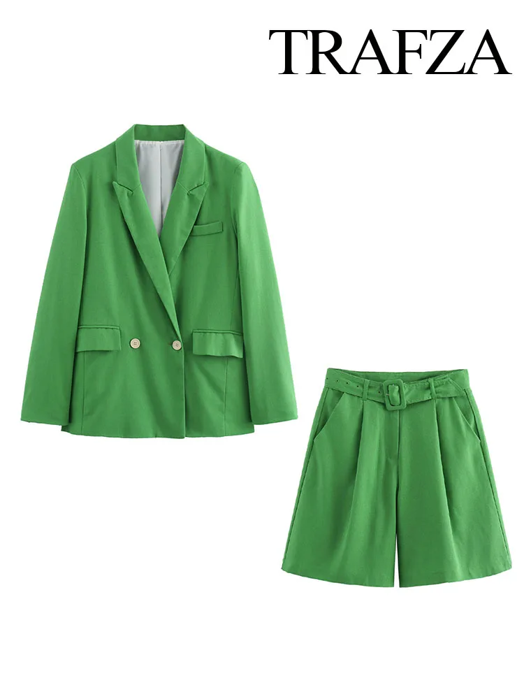 TRAFZA Women 2 Piece Set Sexy Lapel Long Sleeve Solid Color Slim Simple Suit jacket+Elegant Belt Pocket Zipper Casual Shorts