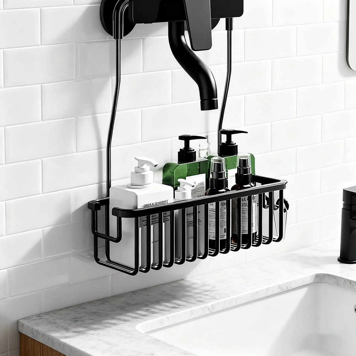 Dusch-Caddy, Hänge-Organizer, zum Aufhängen für Badezimmer, Duschkorb mit Haken, Duschaufbewahrung, Regal, ohne Bohren, für Wasserhahn