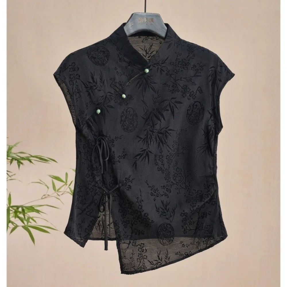 Thin Fabric Cheongsam T-Shirt Jacquard Weave Short Sleeve New Chinese Style Top Black Color Summer Weight Black Jacquard Shirt