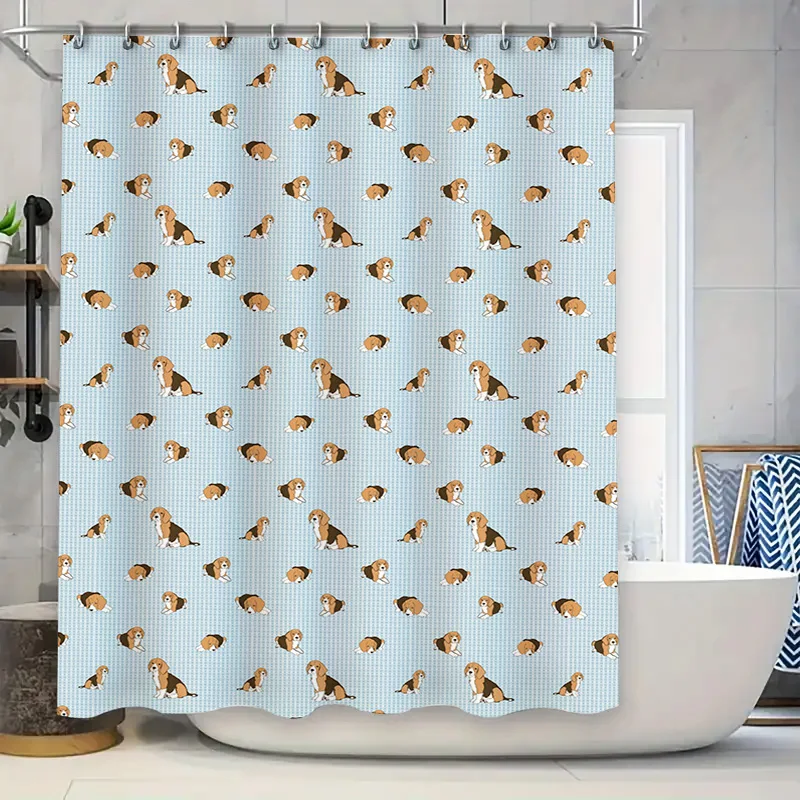 

Blue Plaid Dog Pattern Shower Curtain Cute Beagle Print Home Decoration Waterproof Bath Mat Cover Size 72x84inches for Bathroom