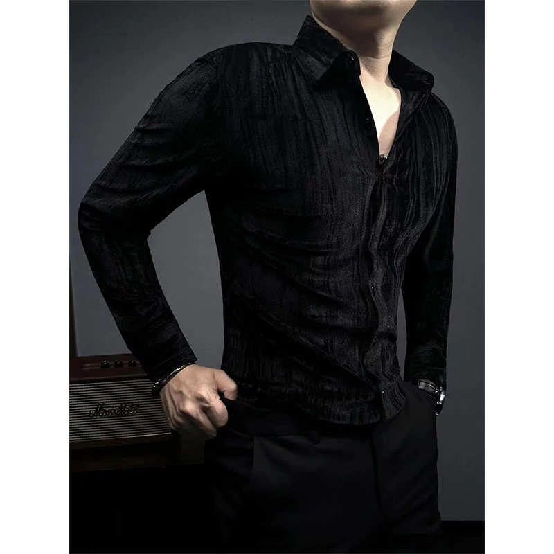 Camisas de terciopelo con solapa para hombre, Tops de manga larga delgados, superficie brillante, botonadura única, moda de lujo, informal, elegante, primavera y otoño