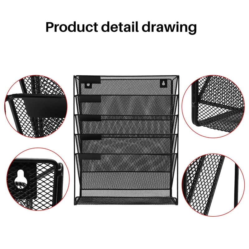 Metal Mesh Wall-Mounted Magazine File Rack Office Desk 5 Layer Interval Archive File Magazine Magazine Notebook Storage Black