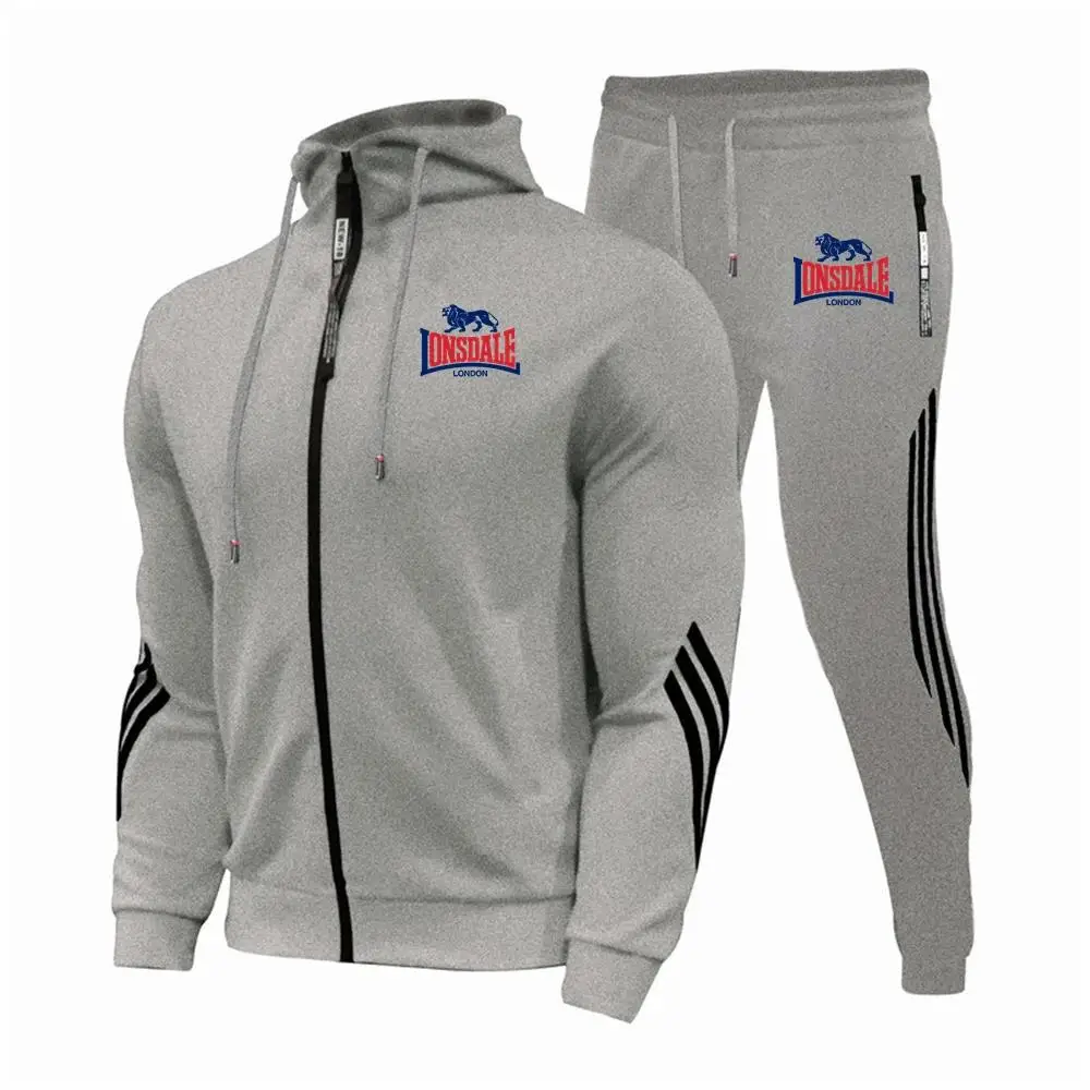 LONSDALE Men\'s Suit Is Comfortable Warm In Autumn Winter Business Leisure Collar Zipper Coat+Trousers Sweatshirt
