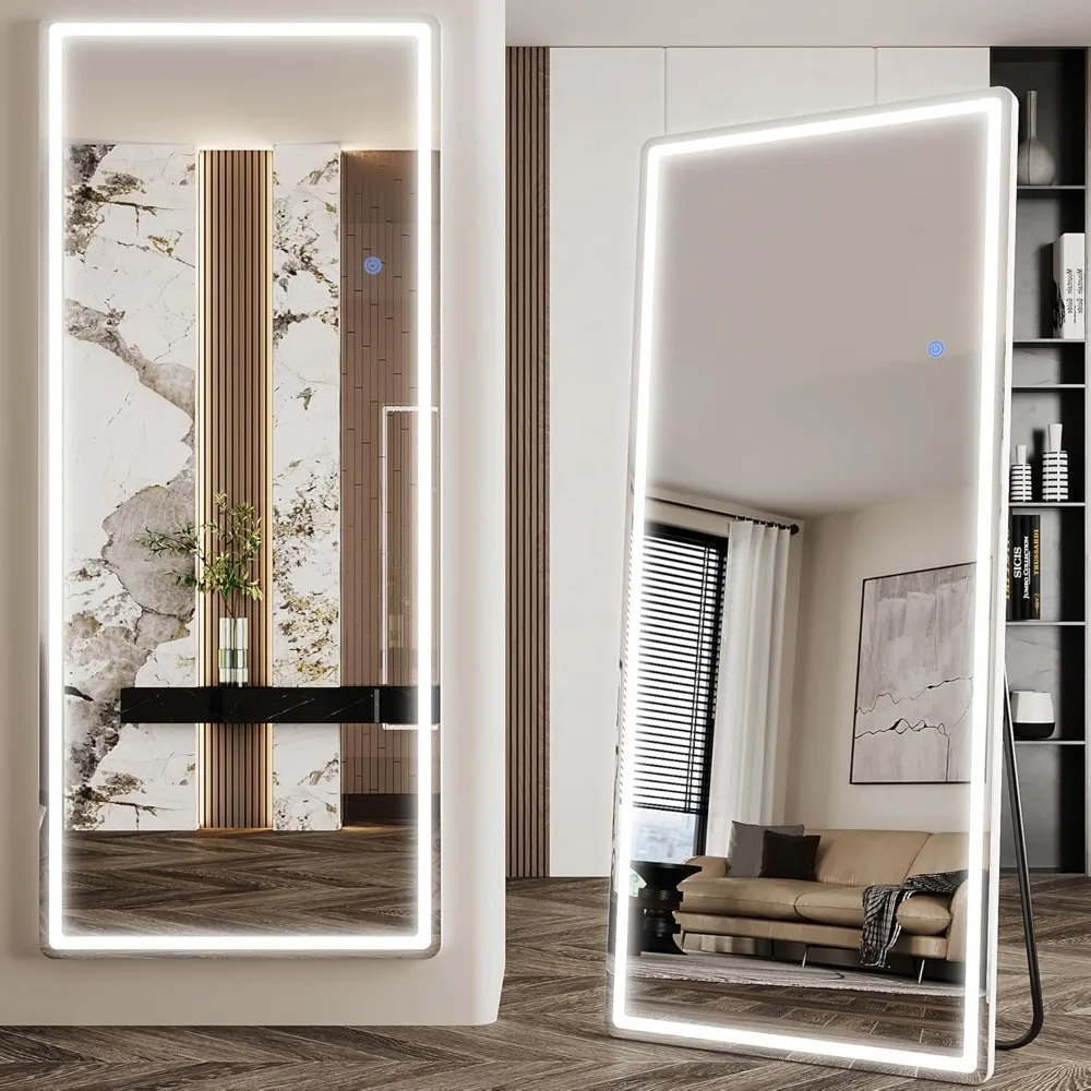 

LED Lighted Floor Mirror Full Length Mirror with Light, Dimmable & 3 Color Modes LED Hanging Mirror for Bedroom