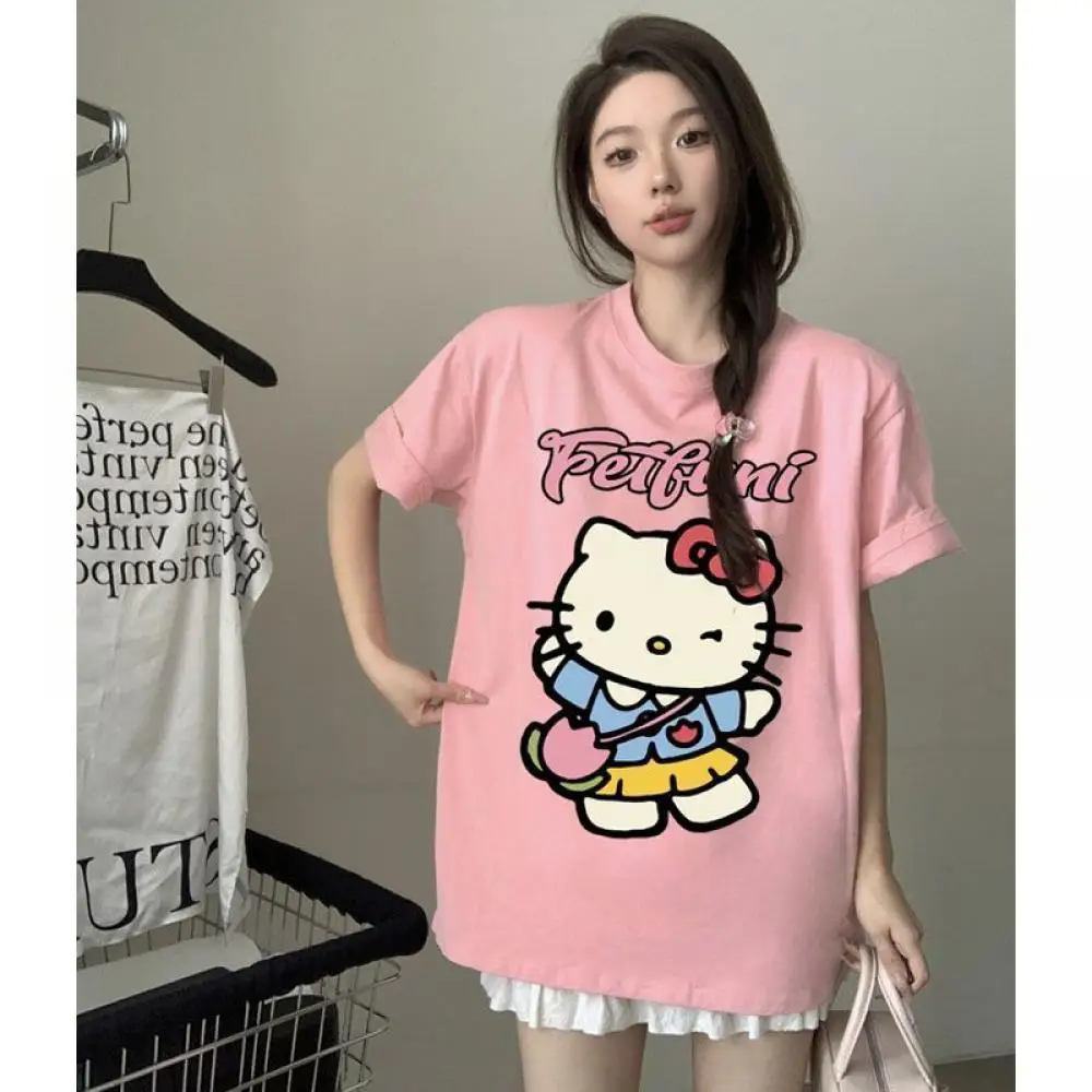 

Женская футболка в стиле аниме «Hello Kitty», летняя хлопковая футболка Sanrio с героями мультфильмов, красочные кавайные топы с короткими рукавами для девочек, студенческие трендовые свободные топы для отдыха