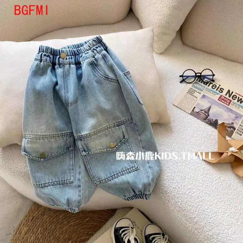 Spring Autumn Kids Big Pocket Jeans 2-10Y Simple Loose Girls Denim Blue Pants Children Casual Jogger Pants Boys Solid Trousers