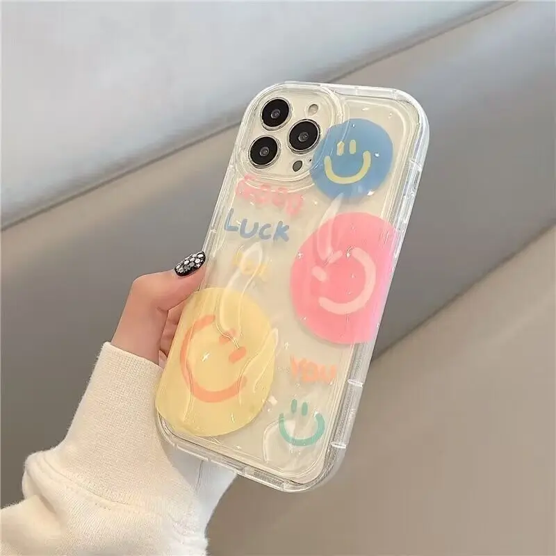 Tri color Smiley Face Pattern For iPhone 15 11 13 14 12Pro Max XS XR 7 8 Plus Protective Cover Transparent Shockproof Phone Case