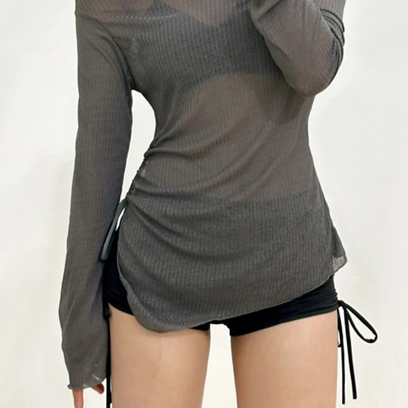 OIINAA Sexy maillot de bain femmes cou monté à lacets Bikini ensemble gris à manches longues couvertures été 2025 coréen maillot de bain tendance