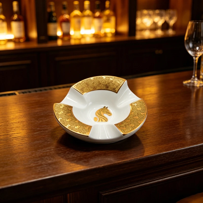 Elegant Exquisite 3 Slots Ceramic Cigar Ashtray Fashion Creative Golden Edge Luxury Desktop Cigar Ash Tray Smoking Accessory
