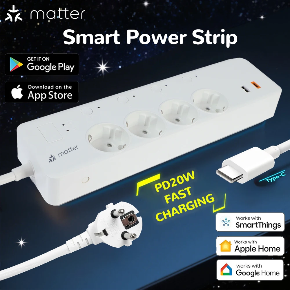 

Matter EU Smart Power Strip Supports Google Home HomeKit Siri SmartThings Remote Voice Independent Control Multi Port Socket