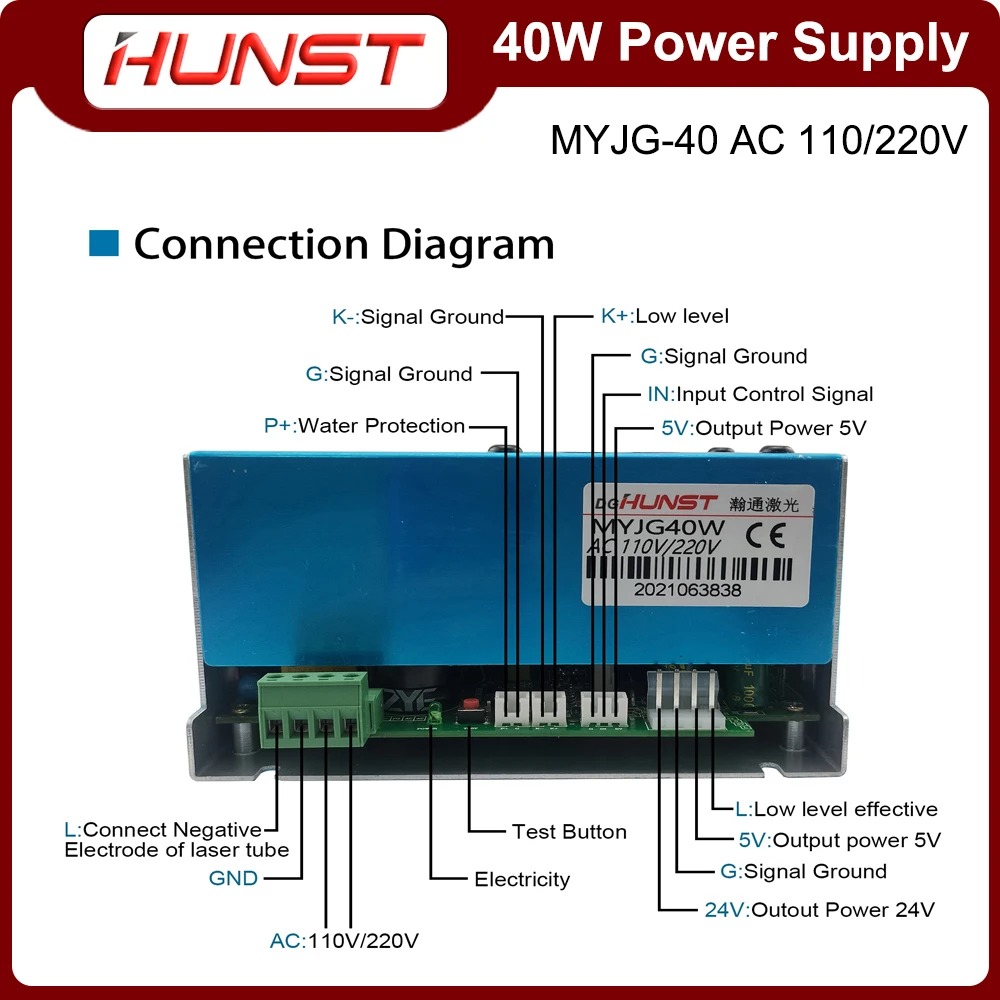 Imagem -02 - Hunst Myjg40 w Co2 Fonte de Alimentação a Laser 110v 220v Gerador a Laser para 40 w Máquina de Gravação a Laser