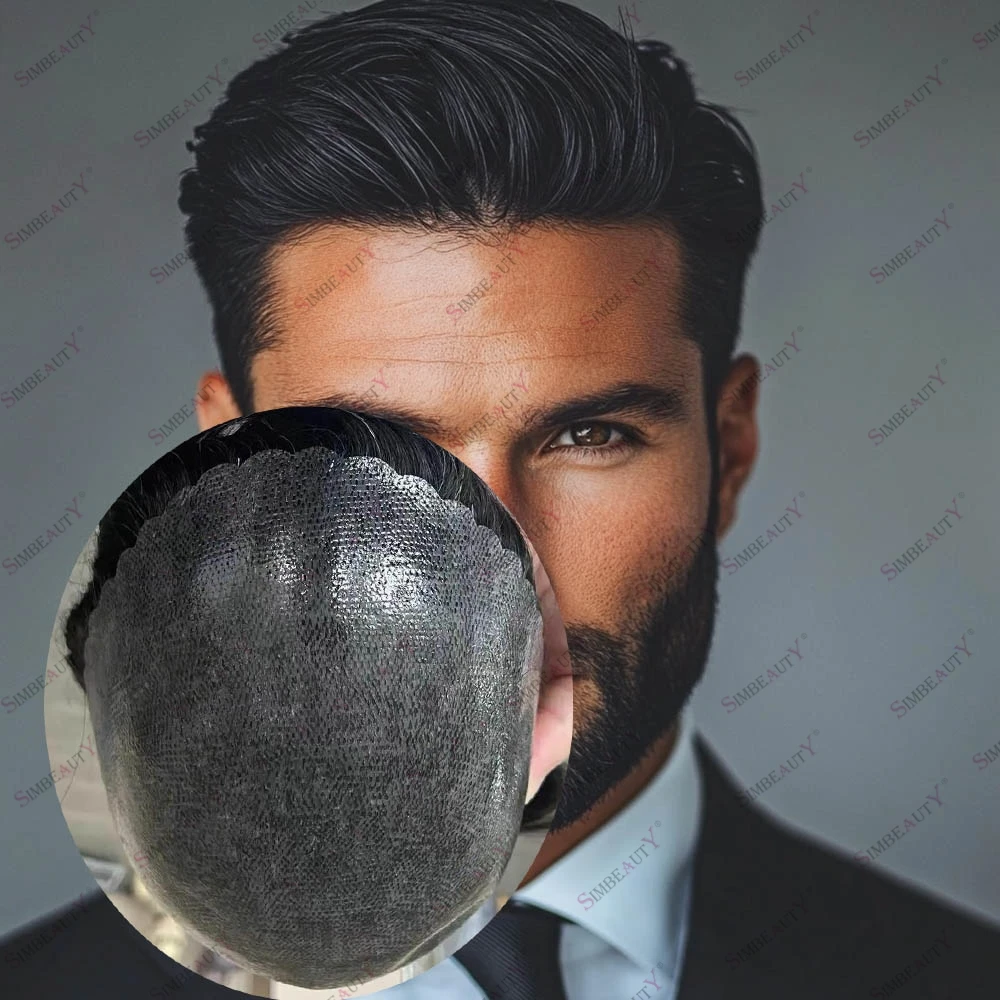 

Super Durable Men’s Human Hair Scalloped Natural Hairline Jet Black Hair Replacement System 0.1mm Injected Cheapest Male Prosthe