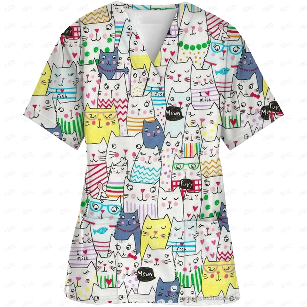 Rabbit cartoon print ​medical uniforms women Nurse Accessories Clinical Uniform Dentist work blouse vet spa Scrub Tops ﻿