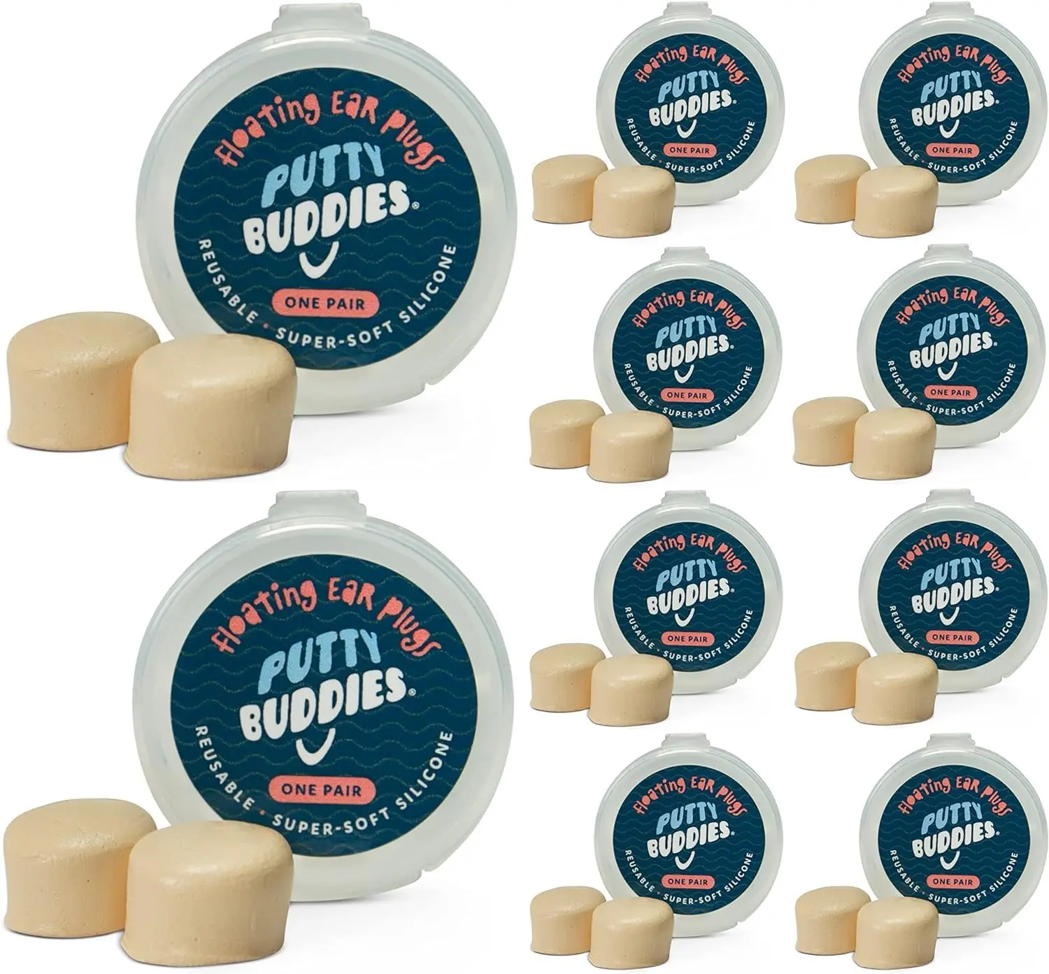 

Moldable Silicone Swim Earplugs, 10 Pair Pack - Floating Putty Buddies Prevent Swimmer's Ear, Made in USA, Doctor-Invented, Tan