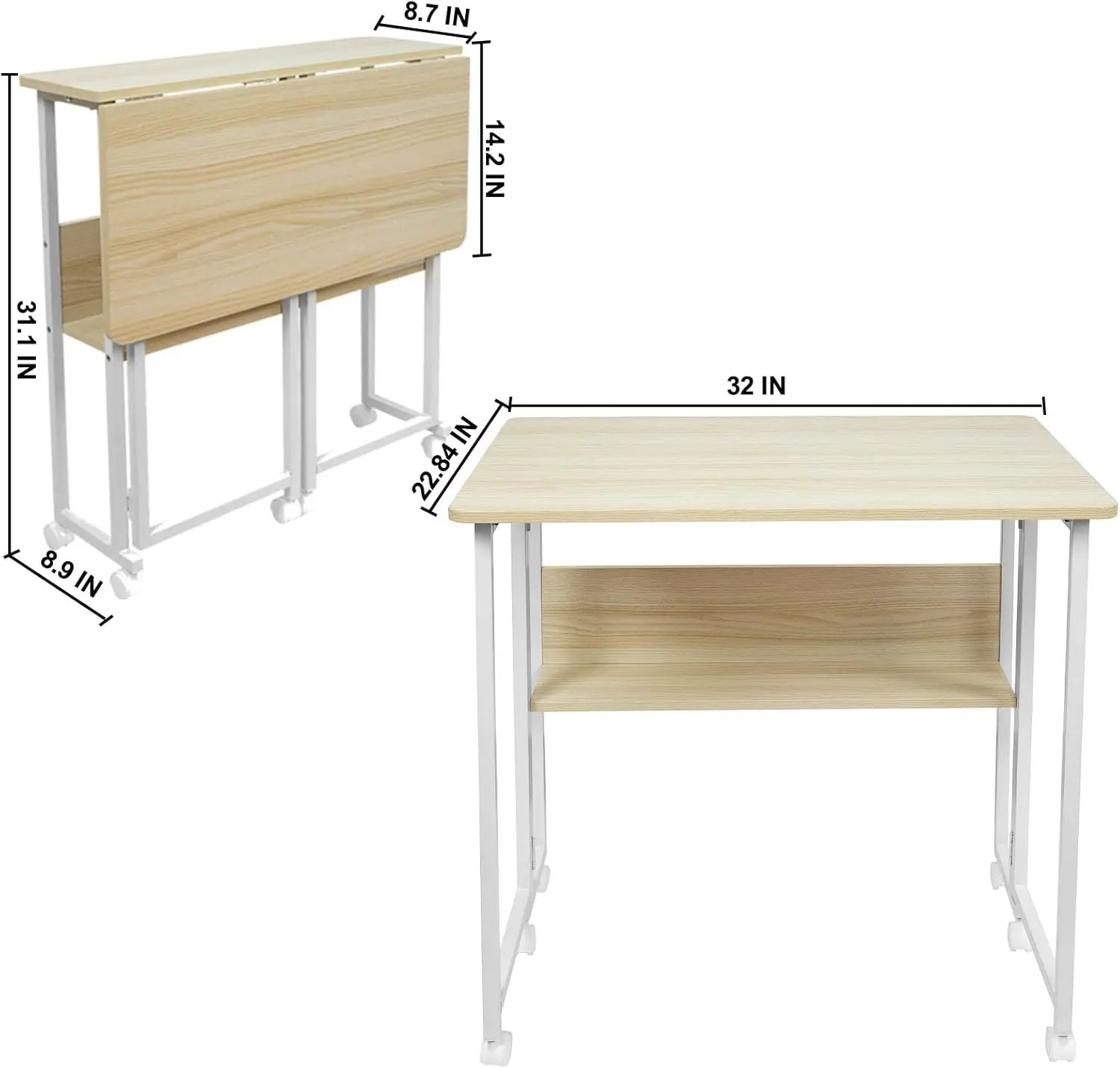 32'' Mobile Foldable Desk W/ 6 Wheels,Portable Rolling Small Computer Desk W/Storage Shelves,Folding Table For Small
