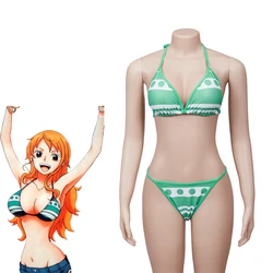 Anime Nami Cosplay Costume Nami Sexy Bikini Set Halter Neck Bikini Swimwear Outfit Girls Beach Bikini Halloween Swimsuit Suit