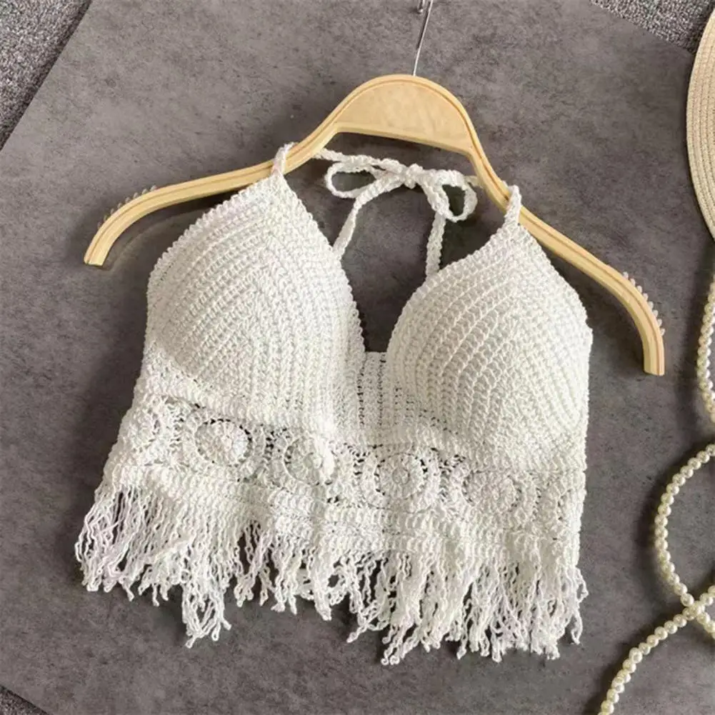 

Sexy Boho Beach Holiday Camisole Halter Women Crochet Knit Swimsuit Bra Backless Vest Hollow Tassel Tank Top Women's Crop Tops