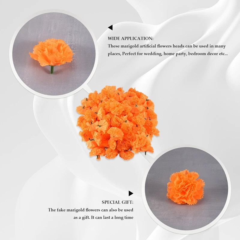 Marigold Flower Heads Bulk, 100Pcs Artificial Flowers Heads For Garlands Crafts, Silk Marigold Fake Flowers, Orange