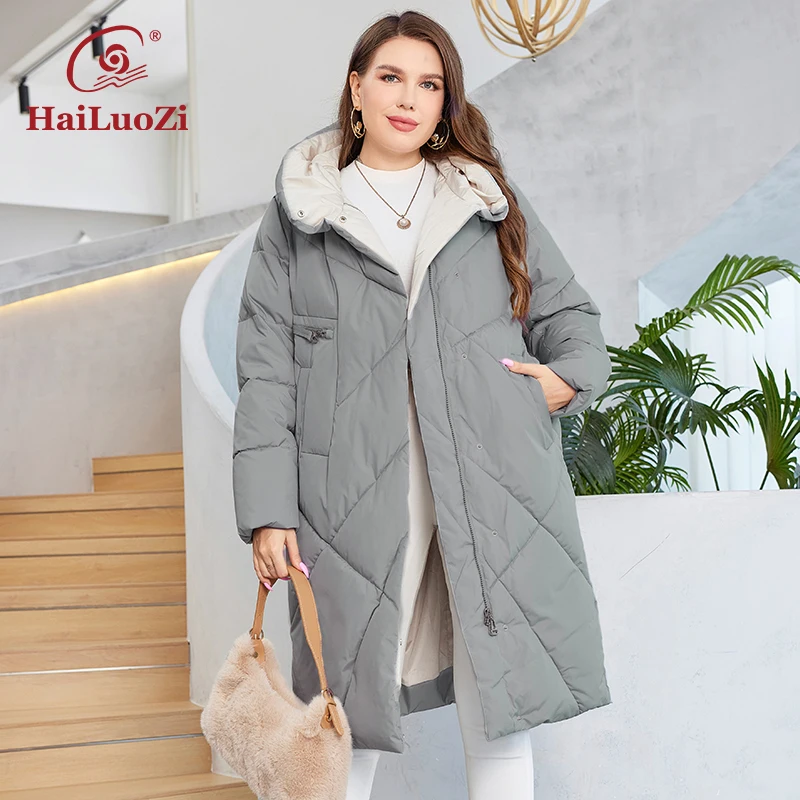 HaiLuoZi 2023 nueva chaqueta de invierno de talla grande con cremallera larga Parka femenina de alta calidad Color sólido abrigo cálido de moda para mujer 1122