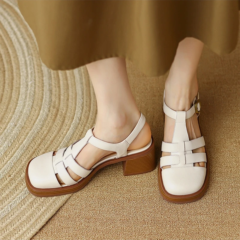 

Female Sandal Low-Heeled Shoes With Strap 2024 Summer Women Buckle Espadrilles Platform Ladies Square Toe Girls Low-heeled Block