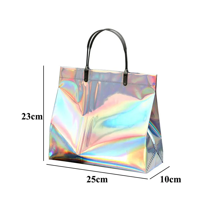 PVC Laser Shopping Bag With Snap Button Reusable Women Shopping Pouch Storage Bags Female Waterproof Thick Handbag Tote Eco Bag