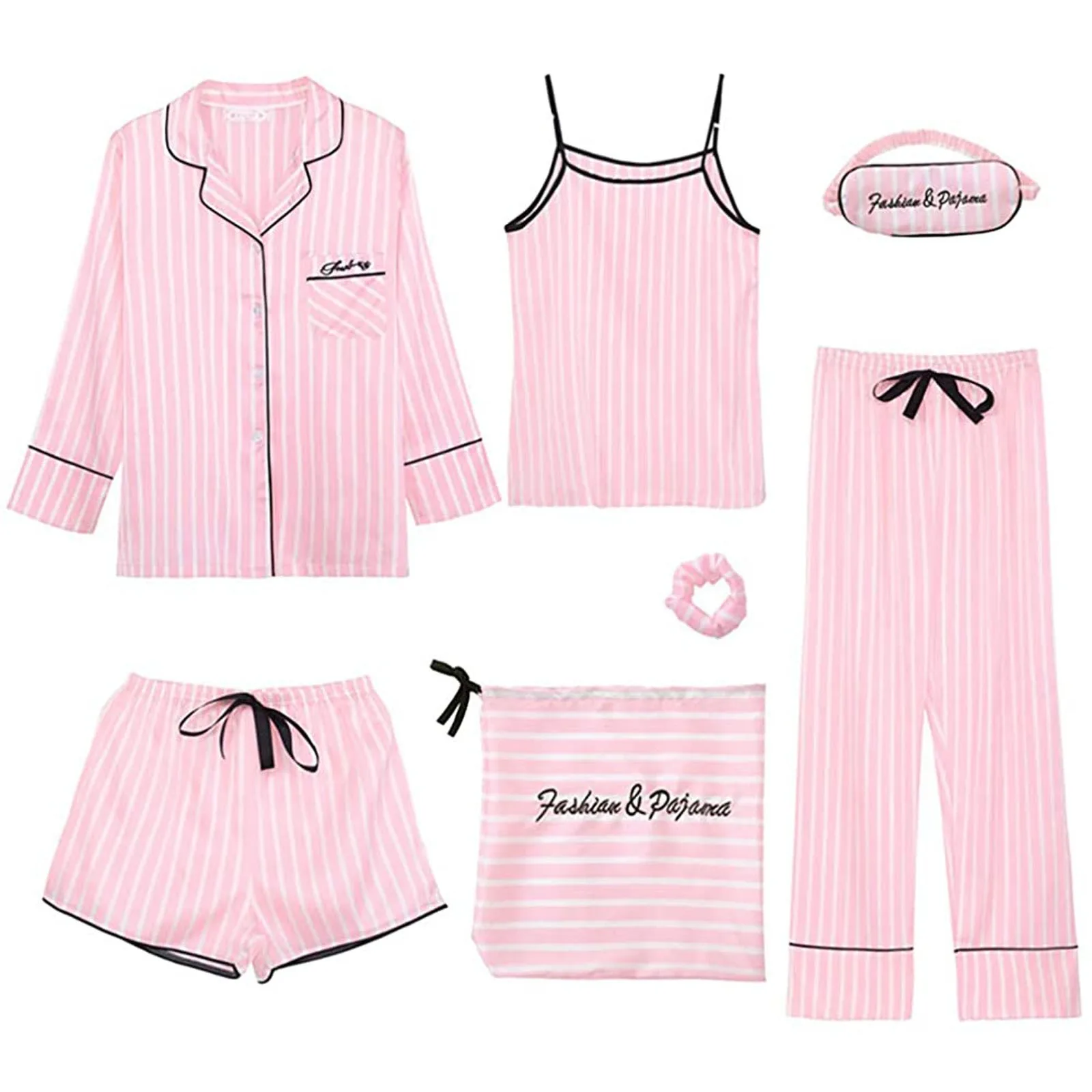 7PC Silk Women Lingerie Camisole Print Shorts Pant Pajamas Blindfold Sleepwear Leisure Home wear  Multiple outfits pijama